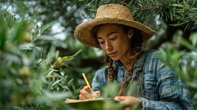  A dedicated agronomist immersed in an olive orchard, meticulously documenting observations within a notebook.