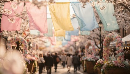 Medium shot featuring colorful spring festival banners fluttering above blurred cherry blossom decorations and pastelhued floral props along a lively main street.
