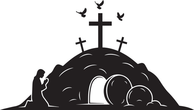 Calvary hill with three crosses empty tomb and praying person vector illustration silhouette