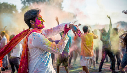 Fototapeta premium Vibrant Holi festival celebration with people covered in colored powder, joyous atmosphere