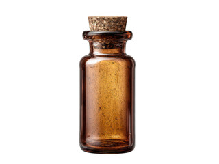 A glass bottle with a cork stopper