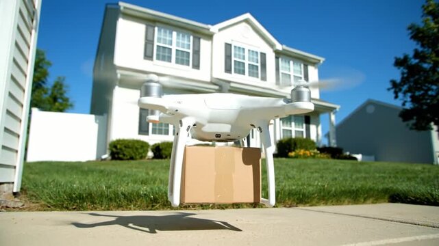 a large cardboard box sitting on a residential driveway under a white portico with a two-story house in the background for home moving and delivery services