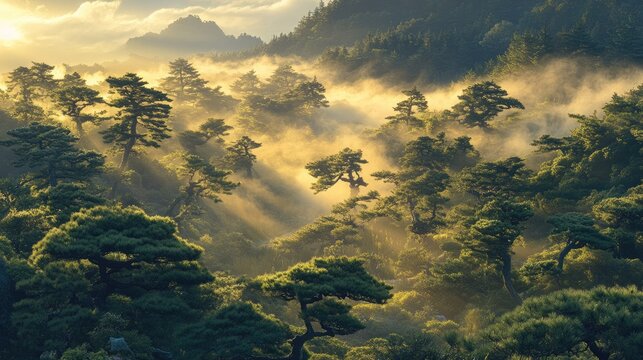 Serene Mountain Landscape with Misty Pine Trees Bathed in Golden Sunrise Light