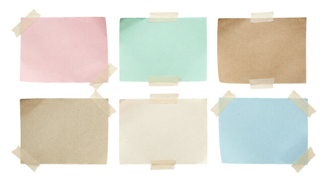 Collection of six blank note cards taped with masking tape, pastel and kraft paper memo templates isolated on transparent background