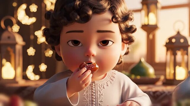 Super close chubby child eating date tiny fingers warm rim light lantern bokeh cozy emotional ramadan moment