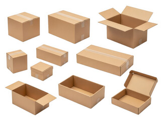 Collection of cardboard boxes isolated on white background