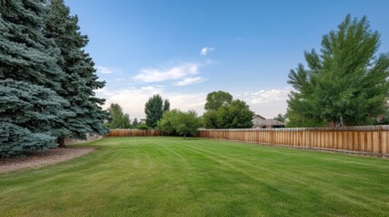 Obraz premium Lush Green Lawn Surrounded by Trees Captured on a Clear Day with Blue Sky in a Peaceful Residential Area