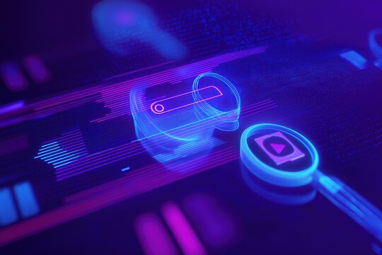 Abstract logo with floating digital magnifying glasses and glowing video player icon. Set against flowing blue and purple lines creating depth. For advanced search, data analysis and tech concepts.