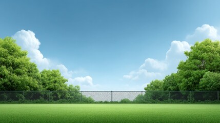 Obraz premium Serene Landscape Featuring Lush Green Grass Under Clear Blue Sky with Wispy Clouds and Fenced Area Surrounded by Vibrant Trees