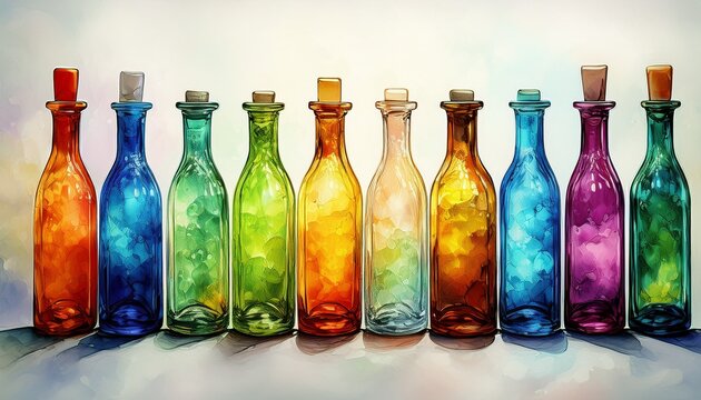 a row of colorful glass bottles with different colors some are green some are blue and some are yellow