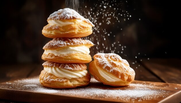 a tall stack of freshly baked cream puffs generously dusted with powdered sugar presented on a rustic wooden board