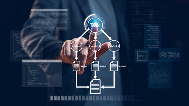 Hand orchestrating complex task workflow using multi agent systems architecture. AI reasoning, planning, sub task management for enterprise automation, hybrid intelligence solutions. AI driven SaaS