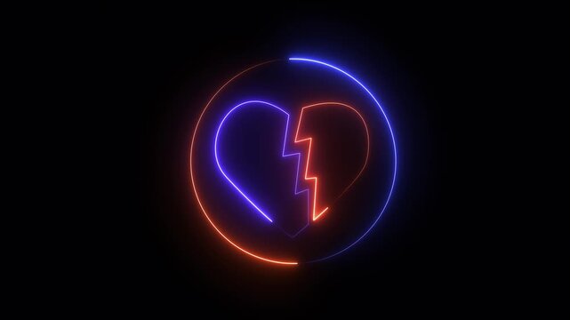 Glowing neon broken-heart icon isolated on black background. 4k Video motion graphic animation