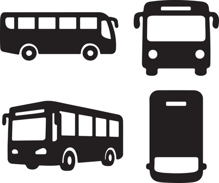 Bus silhouette icon set side, front, angled and minimal public transport symbols vector illustration