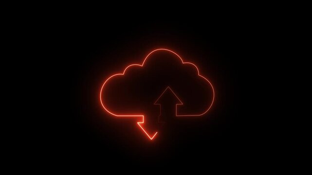 Neon digital cloud icon, data transfer animation. Glowing neon cloud storage with arrows, looped animation. Cloud space and technology, data backup, file repository, upload database icon isolated