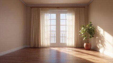 Fototapeta premium Bright and Spacious Interior with Natural Light and Potted Plant in Minimalistic Design Room for Home Decor Inspiration and Warm Atmosphere