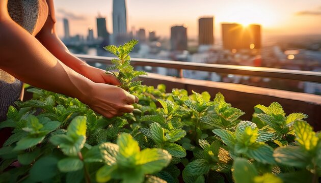 close up of a gardeners hand tending to fresh mint in a rooftop garden with cityscape background