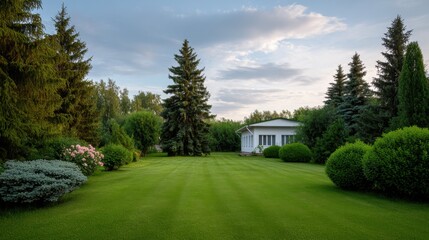 Lush Green Lawn Surrounded by Trees and Shrubs Near a Cozy White House Under a Cloudy Sky at Dusk in a Tranquil Outdoor Landscape