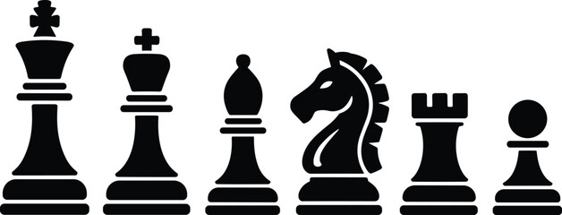 Chess pieces icons set with king queen bishop knight rook pawn silhouettes, black strategy game symbols for board game design © Nilufa Creative