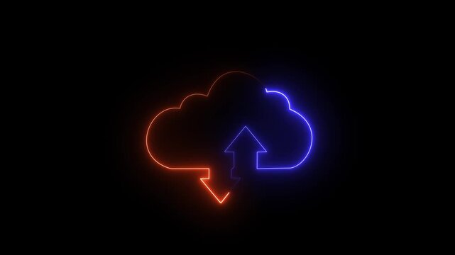 neon cloud icon with arrows Cloud computing glowing neon Downloading icon animation . neon cloud storage with arrows, Cloud computing glowing neon Downloading icon animation ..