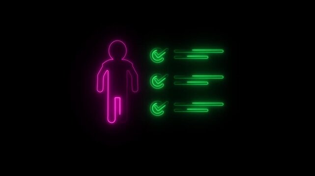 Minimal black and white user checklist icon representing profile verification. Completed tasks, requirements list, or account confirmation concept animation.