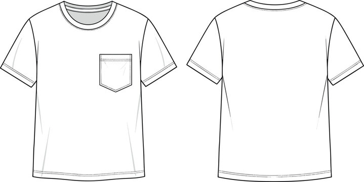 Men's crew neck t-shirt with pocket technical fashion flat sketch vector illustration template front and back view for apparel design.