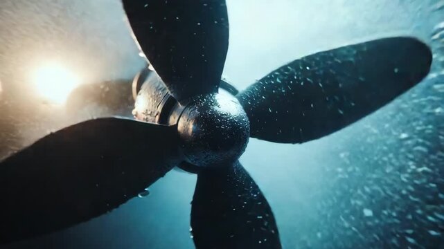 Closeup of a ships propeller underwater with sunlight shining through