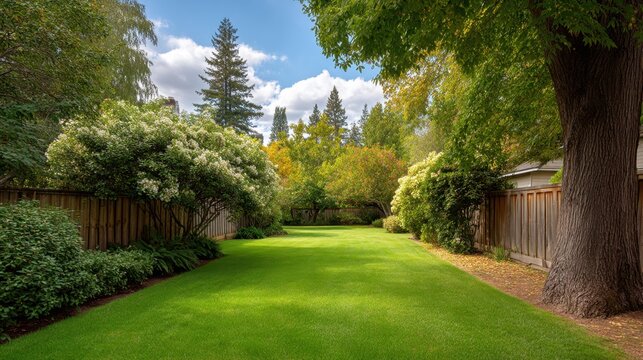 Lush Green Backyard with Tall Trees and Vibrant Shrubs Under Bright Blue Sky and Fluffy Clouds in a Peaceful Residential Neighborhood