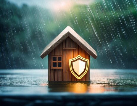 miniature wooden house with a glowing shield symbolizes protection during a rainy storm