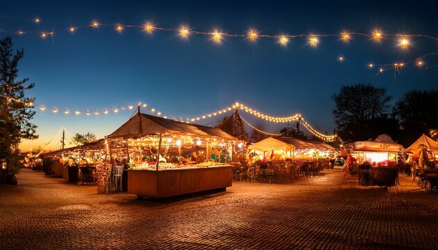 outdoor night market scene with food stalls illuminated by warm string lights during twilight