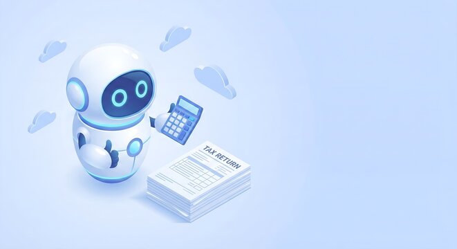 Cute isometric robot character holding calculator and tax forms giving thumbs up for fintech concept
