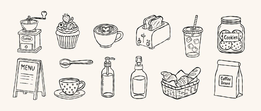 Vintage coffee equipment and morning breakfast bakery hand drawn vector line art set with manual bean grinder heart latte art and sandwich toaster icon design