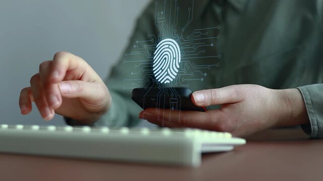 Person using smartphone with fingerprint technology and computer keyboard on the desk in a simple workspace.