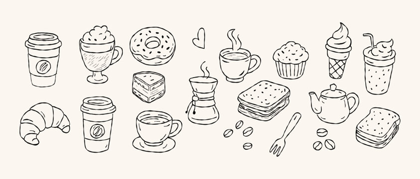 Coffee and dessert set with cup, mug, donut, cupcake, croissant and takeaway drink for cafe menu, bakery illustration and cozy coffee shop lifestyle, hand drawn