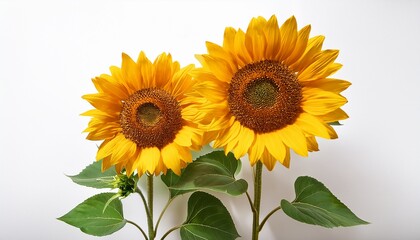 Obraz premium two vibrant yellow sunflowers with lush green leaves stand tall against a plain white background