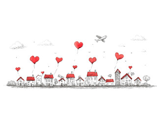 A drawing of a city with houses and an airplane flying over them