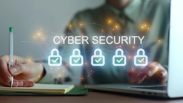 Working on cyber security tasks at a desk with digital security icons in the background.