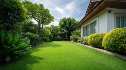 Fototapeta premium Lush Green Garden with Well-Maintained Lawn and Varied Plants Under a Bright Sky in Tranquil Backyard Setting