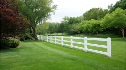 Fototapeta premium Lush Green Landscape with White Wooden Fence and Vibrant Trees Under Cloudy Sky in a Peaceful Natural Setting