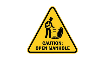 Warning sign indicating caution for open manhole with worker and ladder on yellow triangular background viewed from straight on