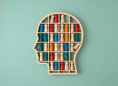 Segmentation inside human head shape symbolizing bias and social stereotypes. Human Behavior, Social Dynamics & Cognitive Bias