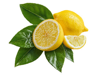 A lemon is cut in half and placed on top of a leaf