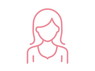 A woman with long hair is shown in a pink line drawing