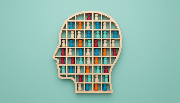 Segmentation inside human head shape symbolizing bias and social stereotypes. Human Behavior, Social Dynamics & Cognitive Bias