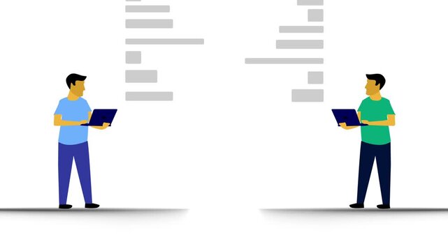 Businessman using laptops and exchanging text speech bubble messages digitally. Businessman using laptop animation. Two People Exchanging Text Messages via Laptop Animation.