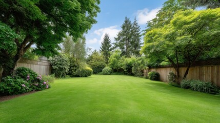 Obraz premium Lush Green Lawn Surrounded by Vibrant Trees and Flowering Shrubs Under a Clear Blue Sky in a Serene Backyard Setting