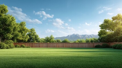 Expansive Green Lawn Surrounded by Lush Trees with Mountains in Background Under Clear Blue Sky and Soft White Clouds