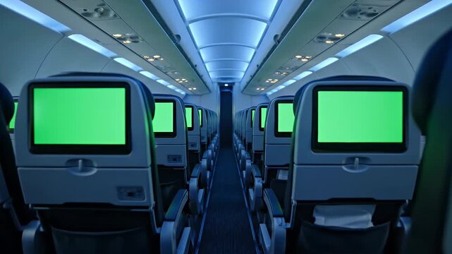 An aircraft interior with rows of seats, each having a screen displaying green