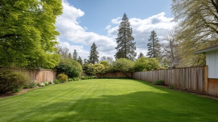 Obraz premium Lush Green Lawn Surrounded by Trees and Beautiful Garden in a Serene Outdoor Setting Under a Clear Blue Sky with Soft Clouds