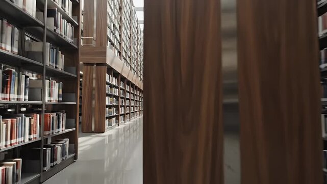 Interior library scene with rows of books on shelves and wooden columns